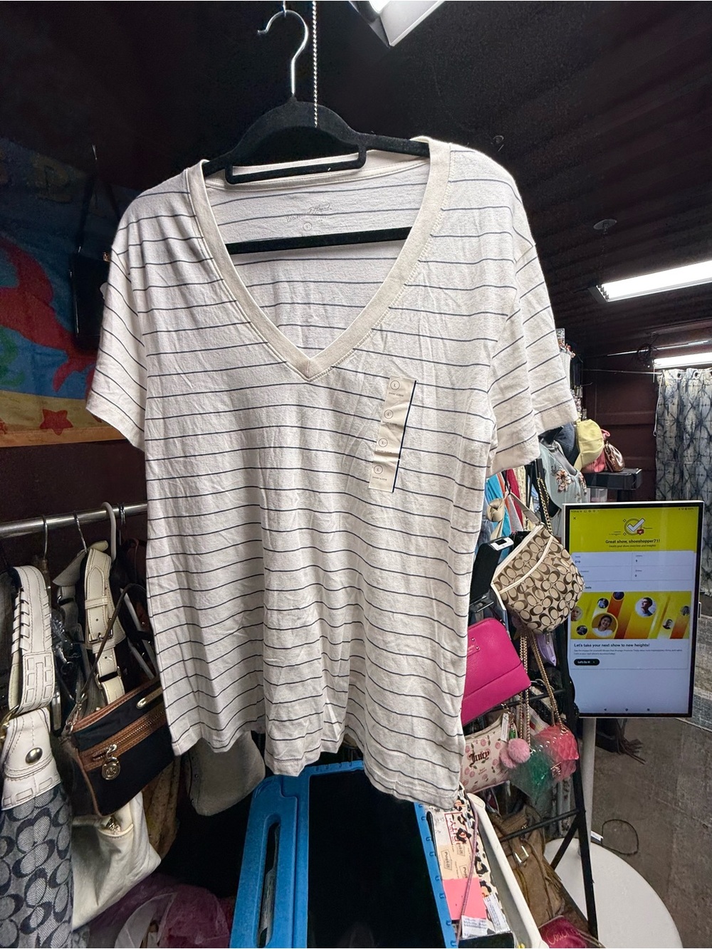 Universal Thread Cream and Navy Striped V-Neck Short Sleeve Top